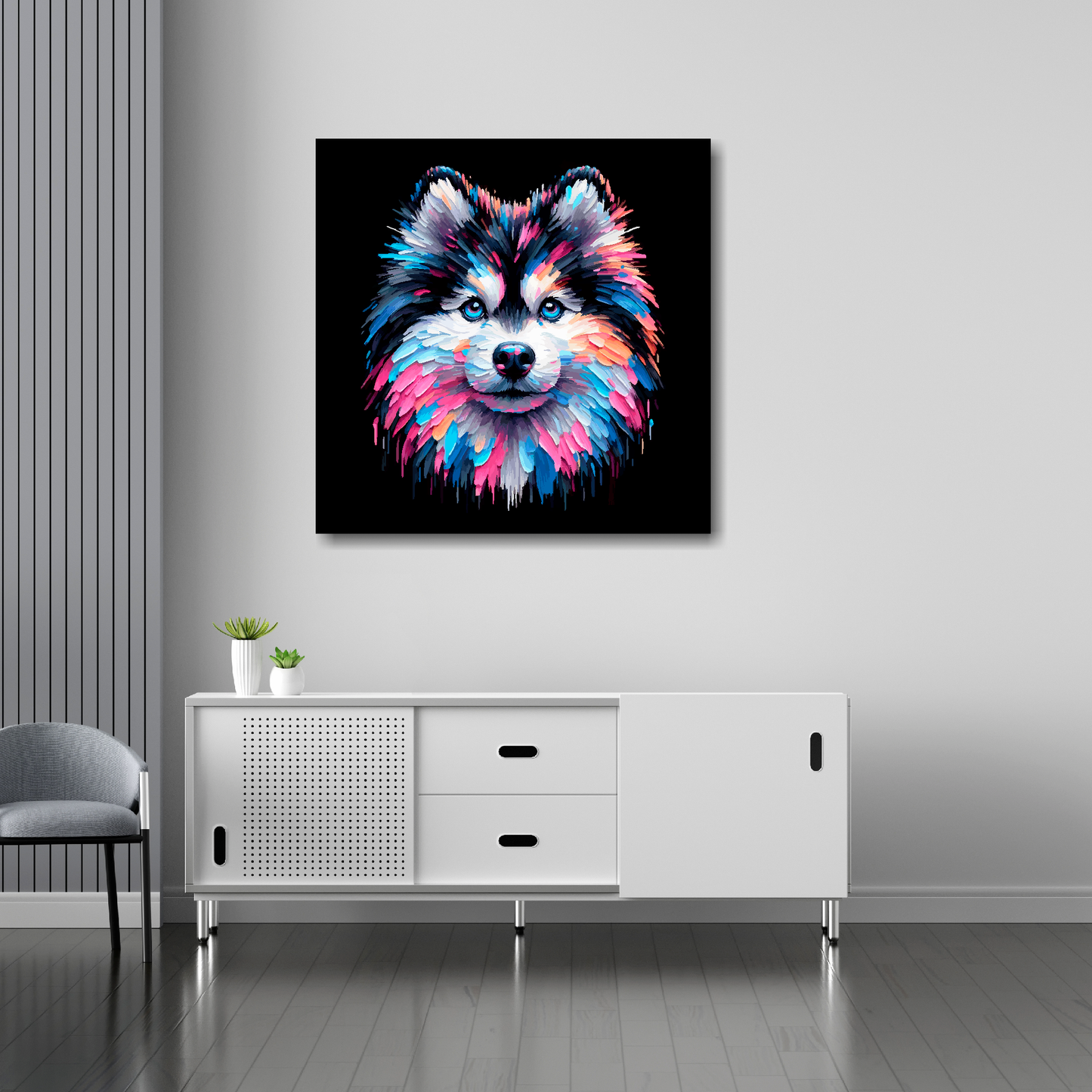 30 inch by 30 inch canvas print featuring a multi-coloured Pomsky dog portrait. Mounted on a white wall above a white sideboard.