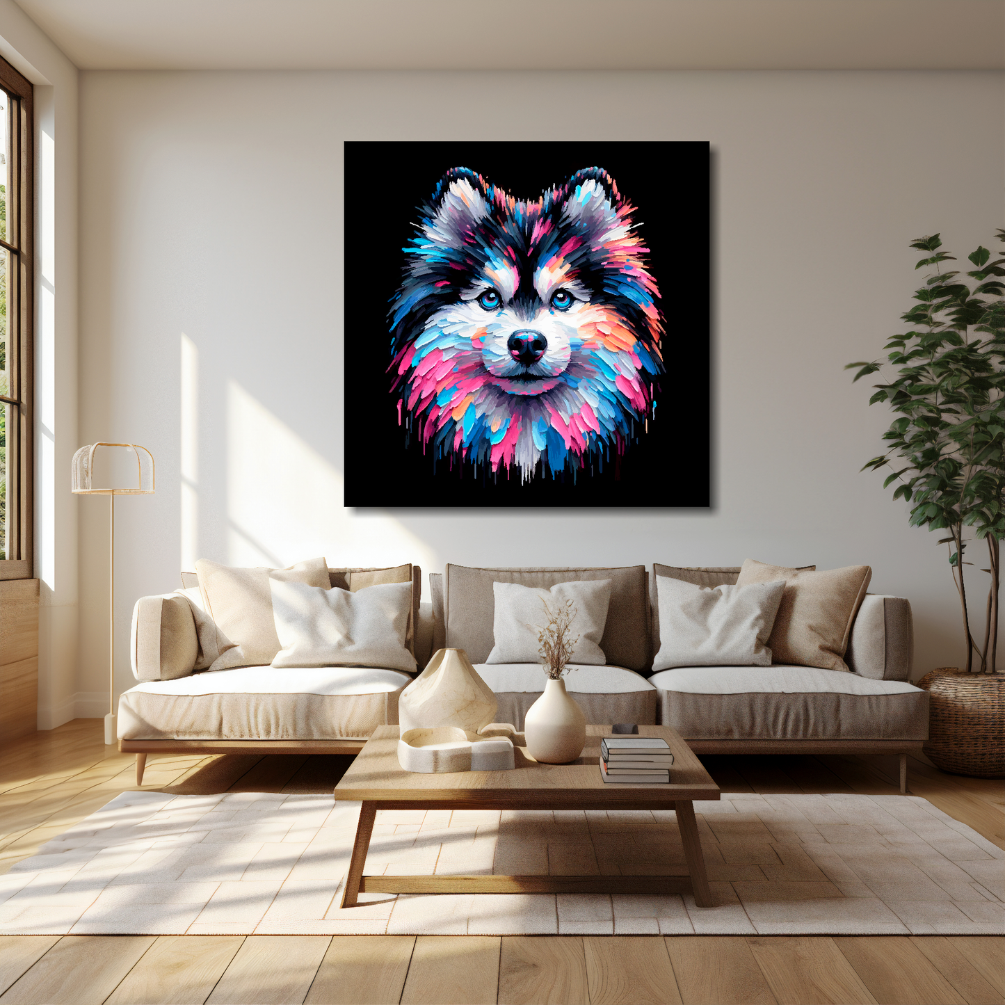 40 inch by 40 inch canvas print featuring a multi-coloured Pomsky dog portrait. Mounted on a cream wall above a cream sofa with decorative pillows.