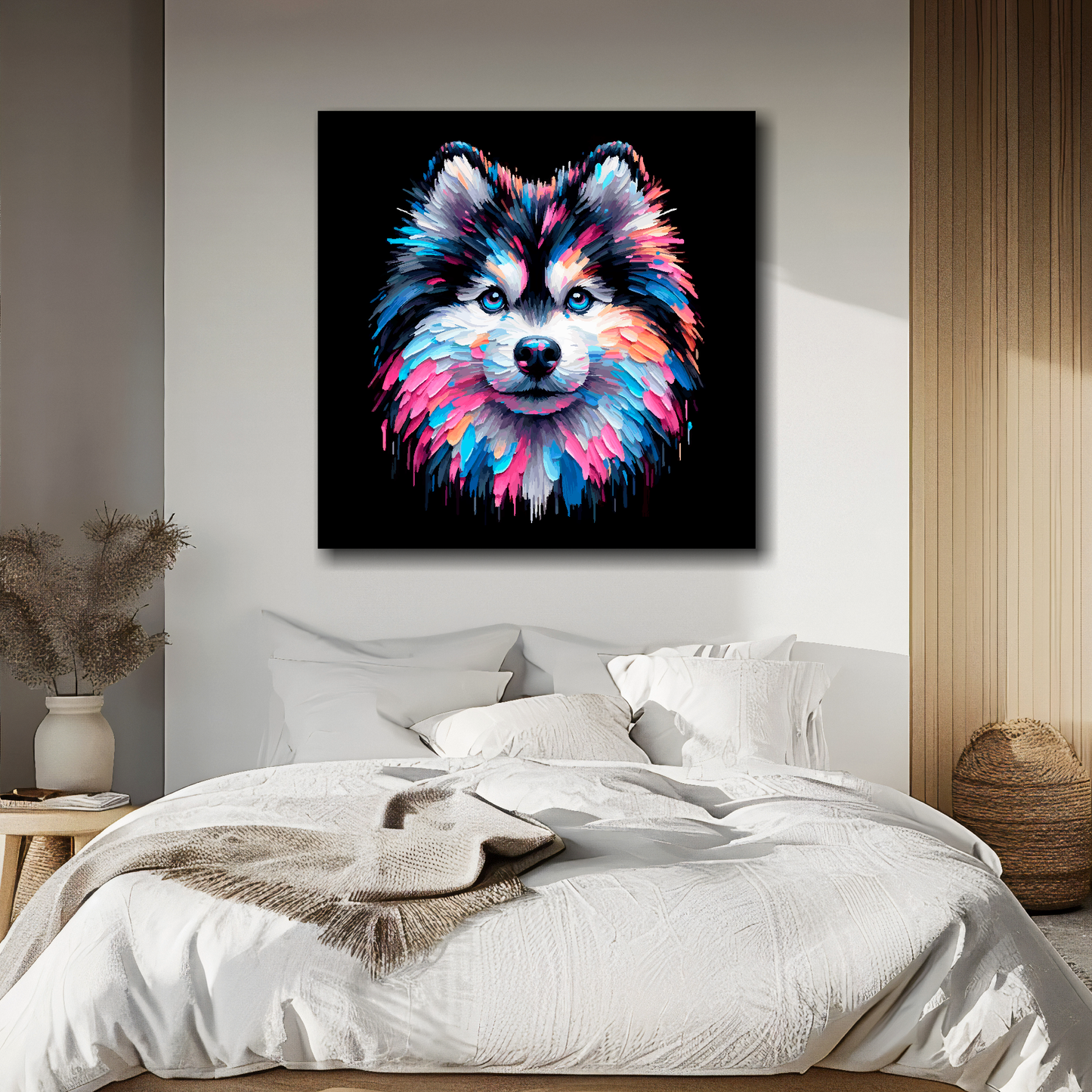 Canvas print featuring a multi-coloured Pomsky dog portrait. Mounted on a white wall above a double bed.