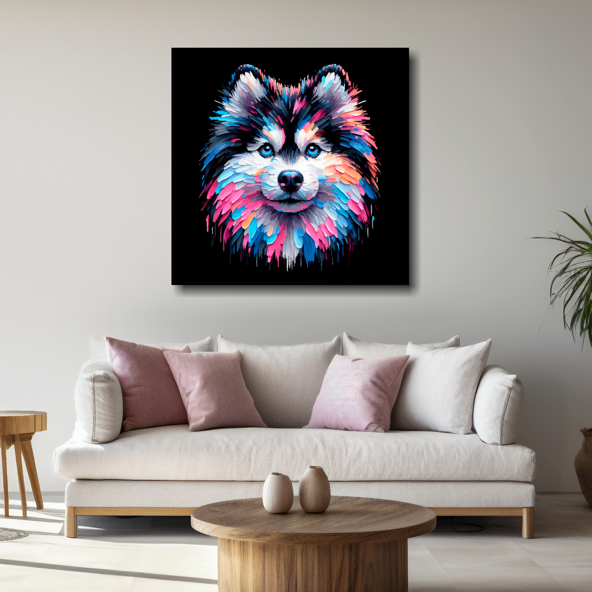 Large canvas print featuring a multi-coloured Pomsky dog portrait. Mounted on a white wall above a white sofa with decorative pillows.