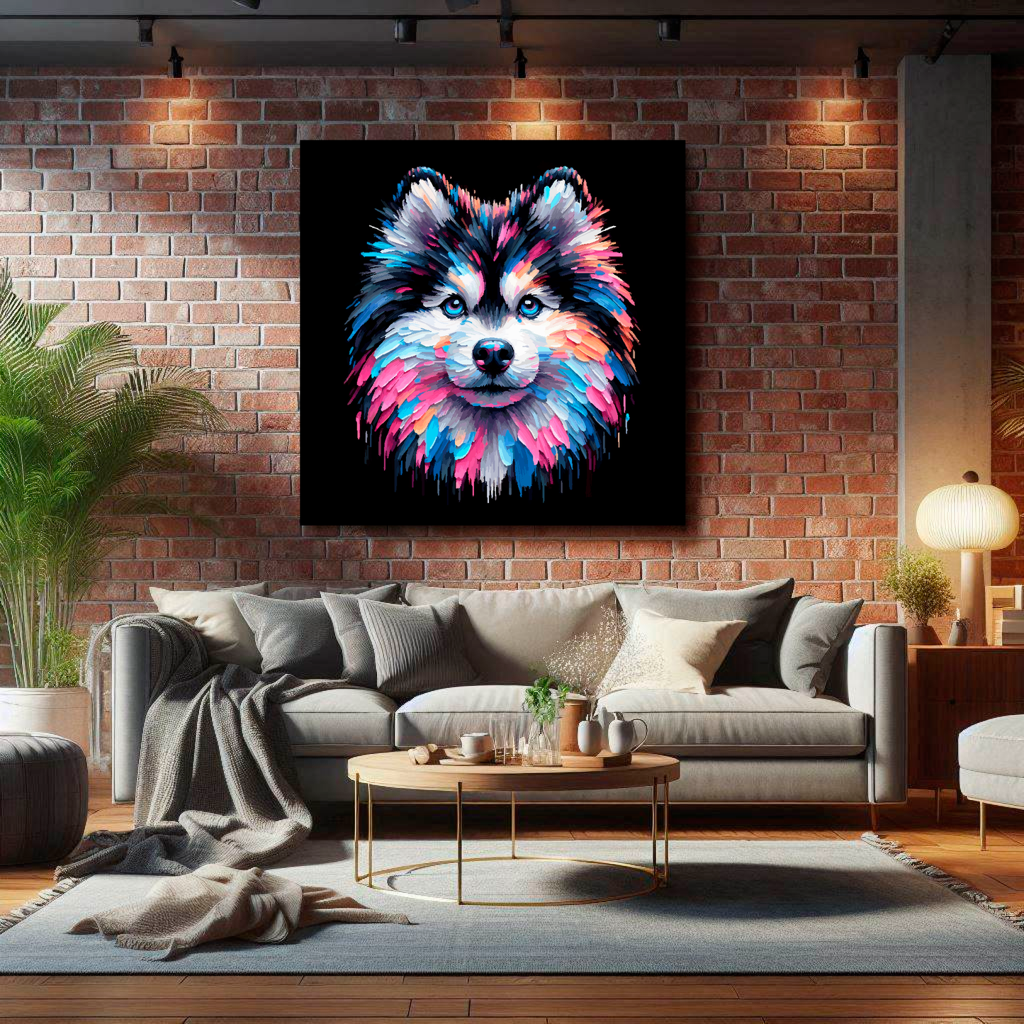 XL canvas print featuring a multi-coloured Pomsky dog portrait. Mounted on a lounge brick wall above a grey sofa with decorative pillows.
