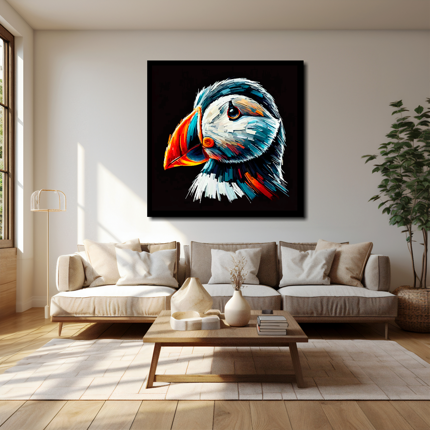 40 inch by 40 inch square canvas of a colourful Puffin portrait on a black background. Mounted on a white wall above a cream sofa with decorative pillows.