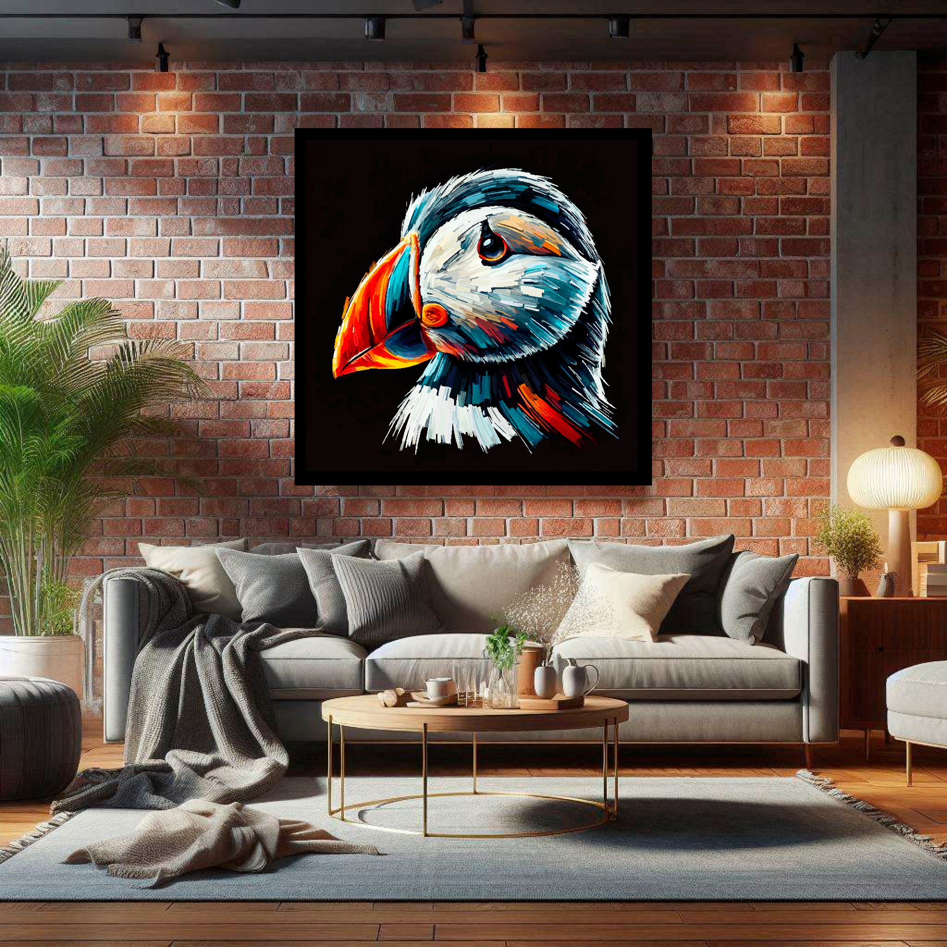 Large canvas wall art - A vibrant multi-coloured head portrait of a Puffin. Available in 3 large sizes.