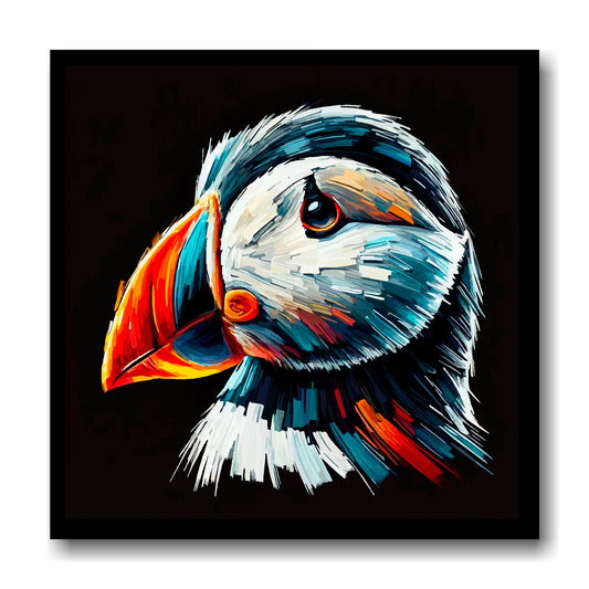 Large canvas wall art - A vibrant multi-coloured head portrait of a Puffin. Available in 3 large sizes.