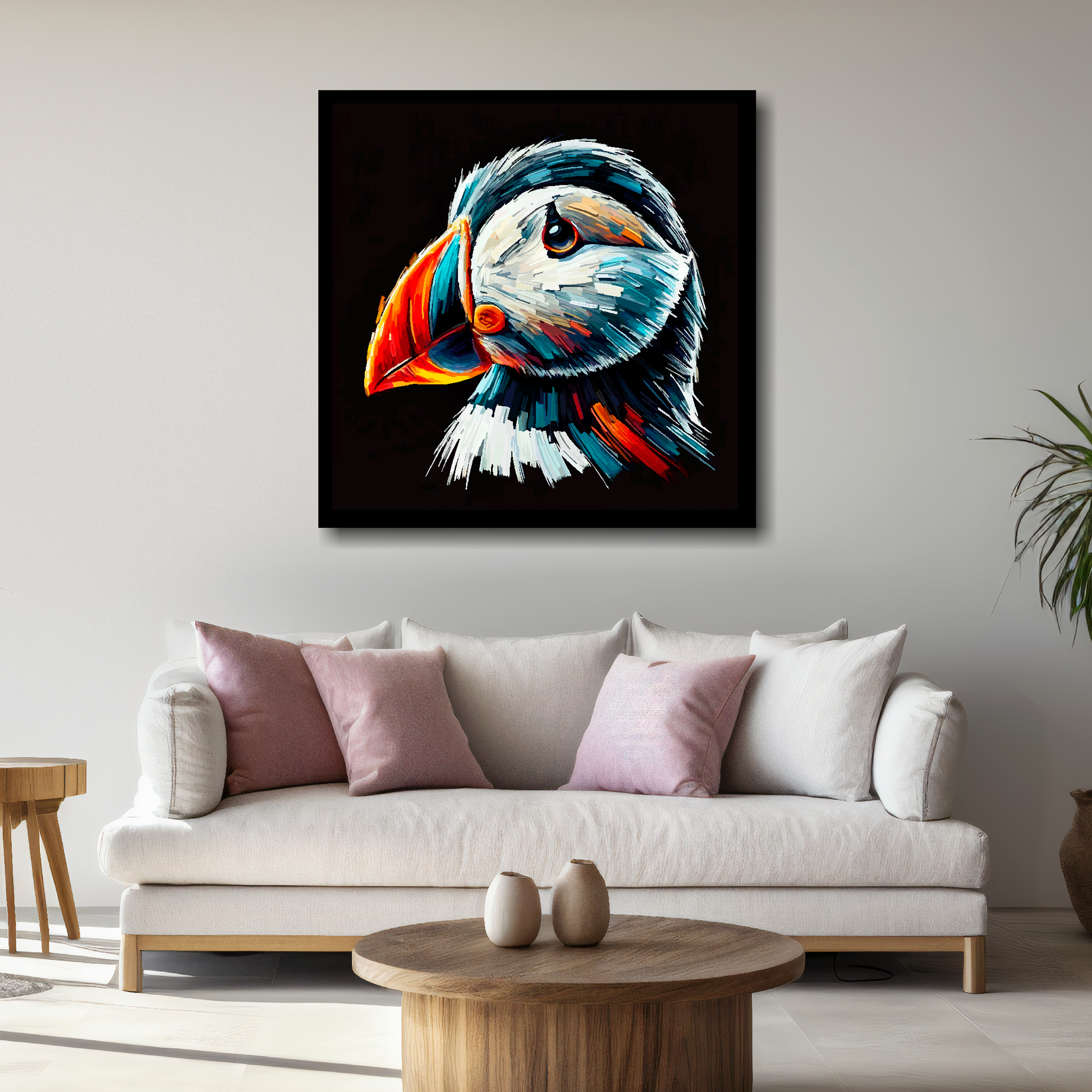 Large canvas wall art - A vibrant multi-coloured head portrait of a Puffin. Available in 3 large sizes.