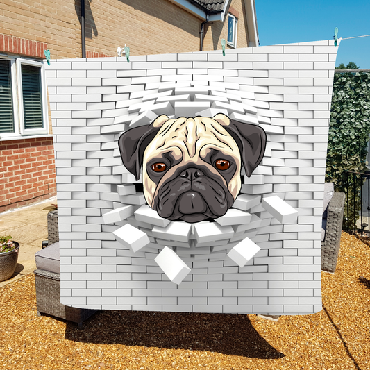 Pug fleece blanket hanging on washing line - soft cosy throw for dog lovers