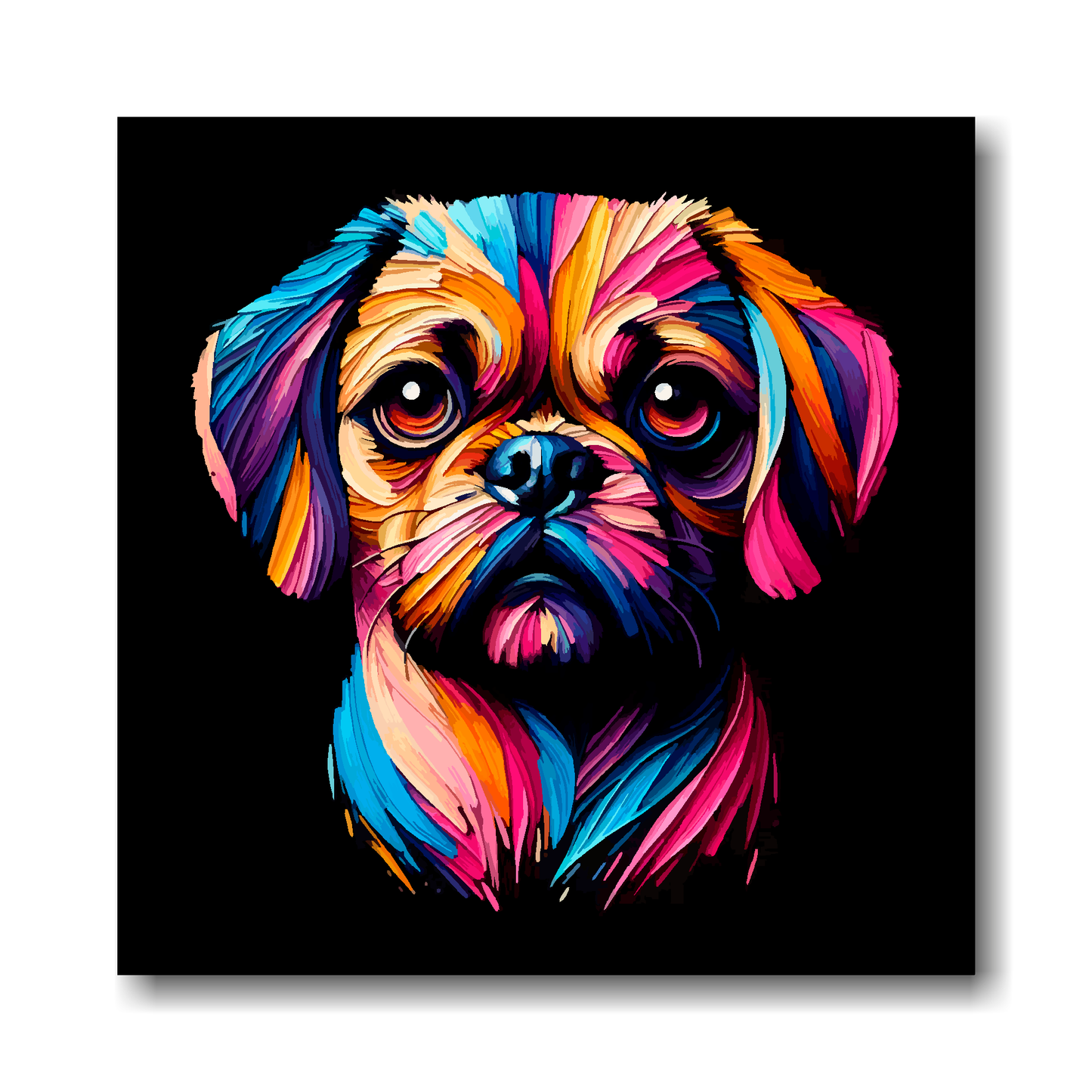 Colourful abstract Puggle dog portrait on a black background.
