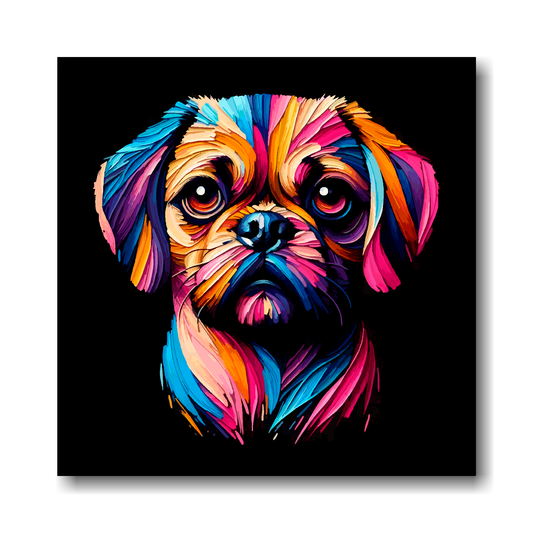 Colourful abstract Puggle dog portrait on a black background.