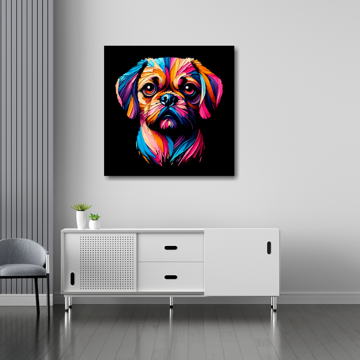 30 inch by 30 inch canvas print featuring a multi-coloured Puggle dog portrait. Mounted on a white wall above a white sideboard.