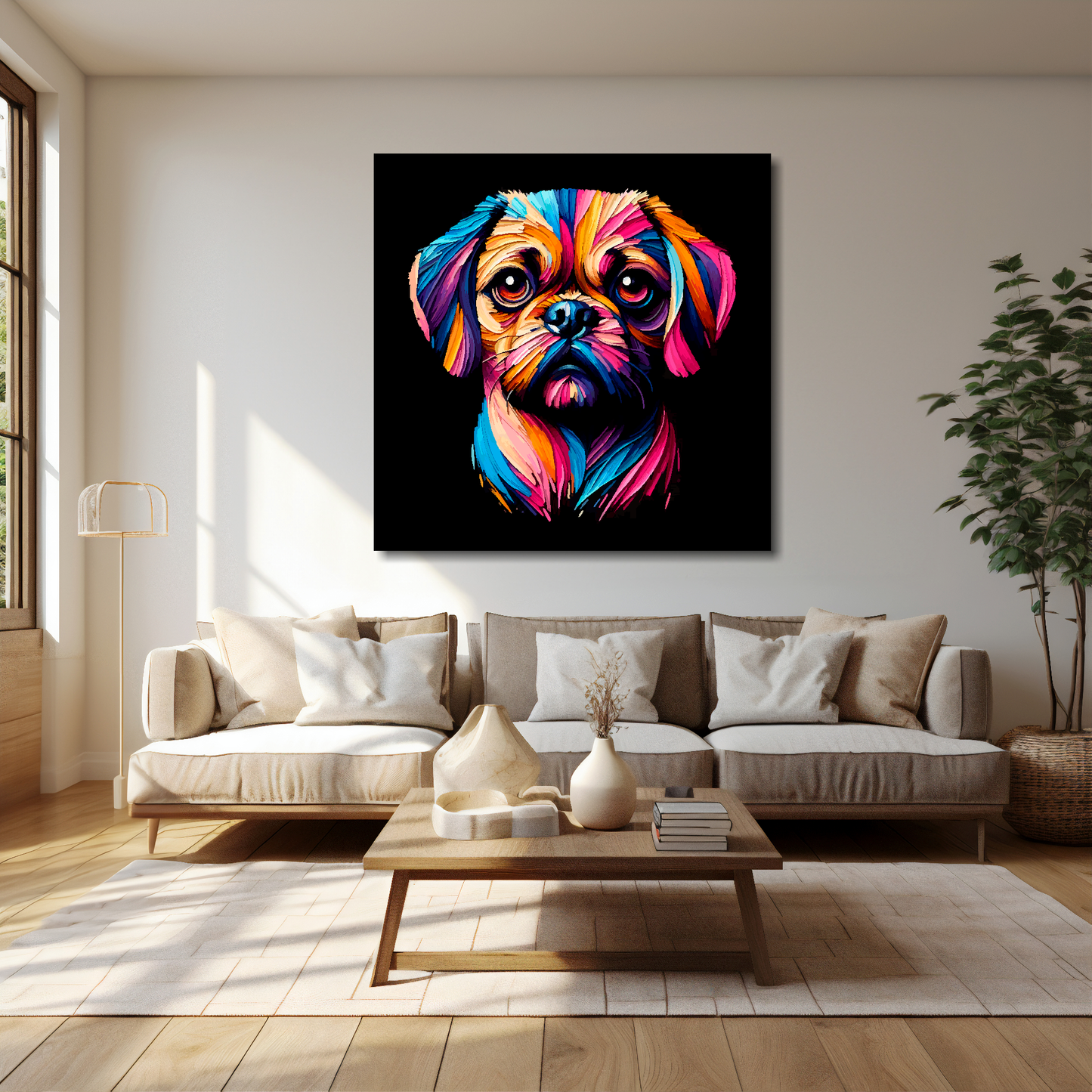 40 inch by 40 inch canvas print featuring a multi-coloured Puggle dog portrait. Mounted on a cream wall above a cream sofa with decorative pillows.