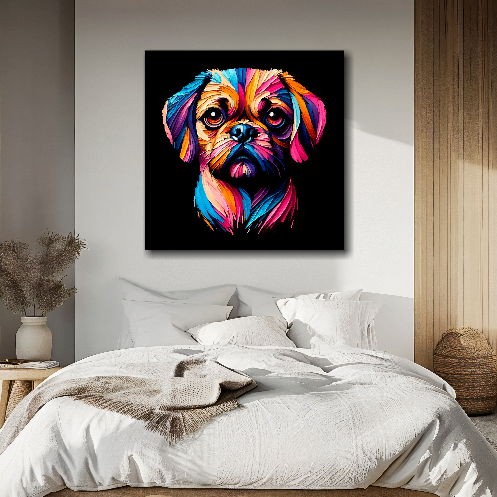 Canvas print featuring a multi-coloured Puggle dog portrait. Mounted on a white wall above a double bed.