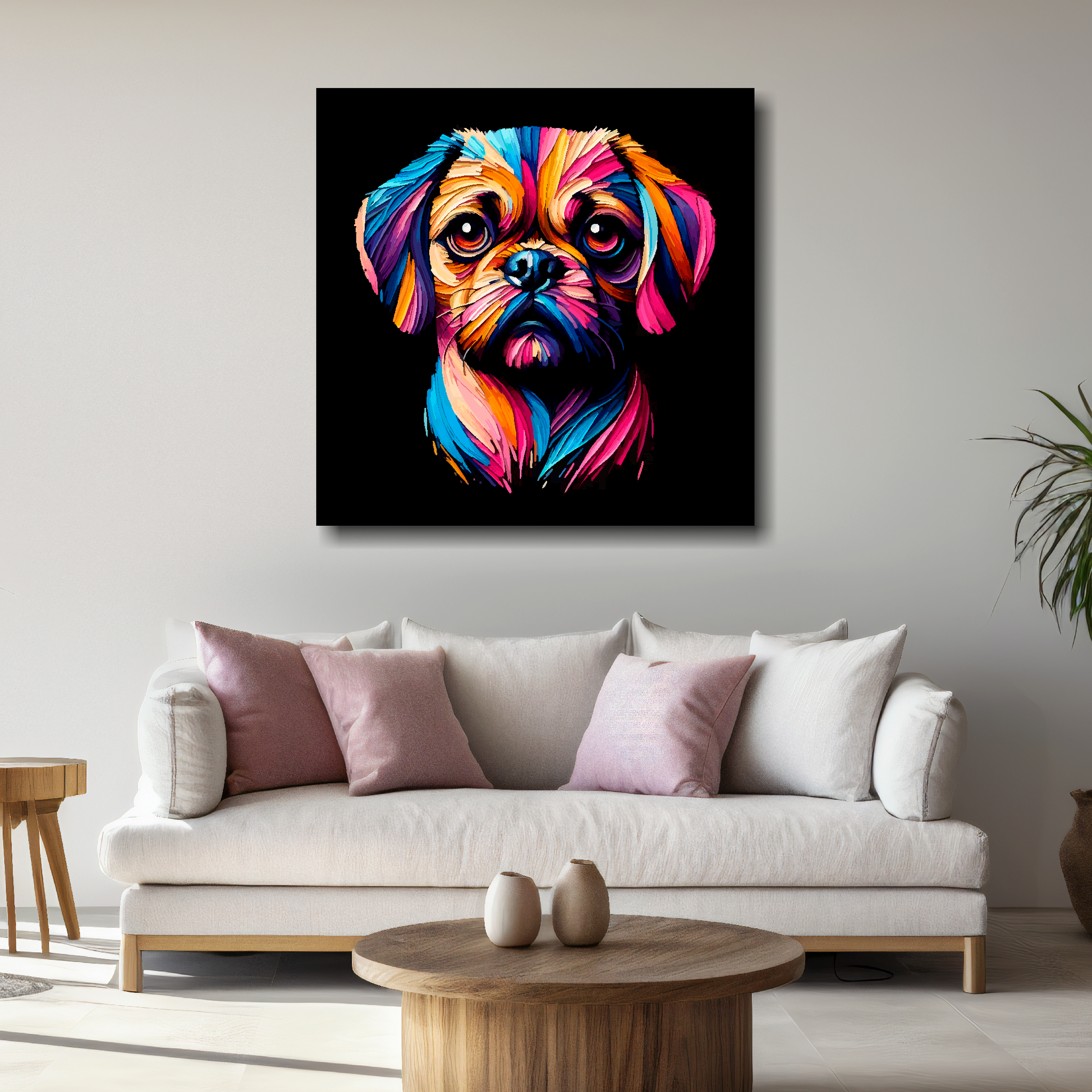 Large canvas print featuring a multi-coloured Puggle dog portrait. Mounted on a white wall above a white sofa with decorative pillows.