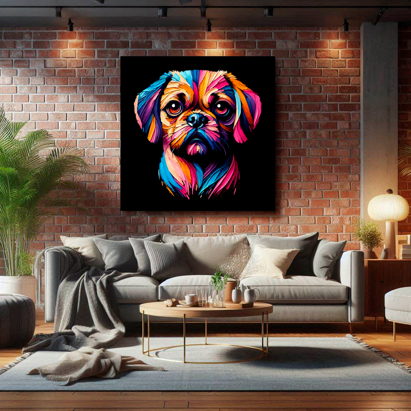 XL canvas print featuring a multi-coloured Puggle dog portrait. Mounted on a lounge brick wall above a grey sofa with decorative pillows.