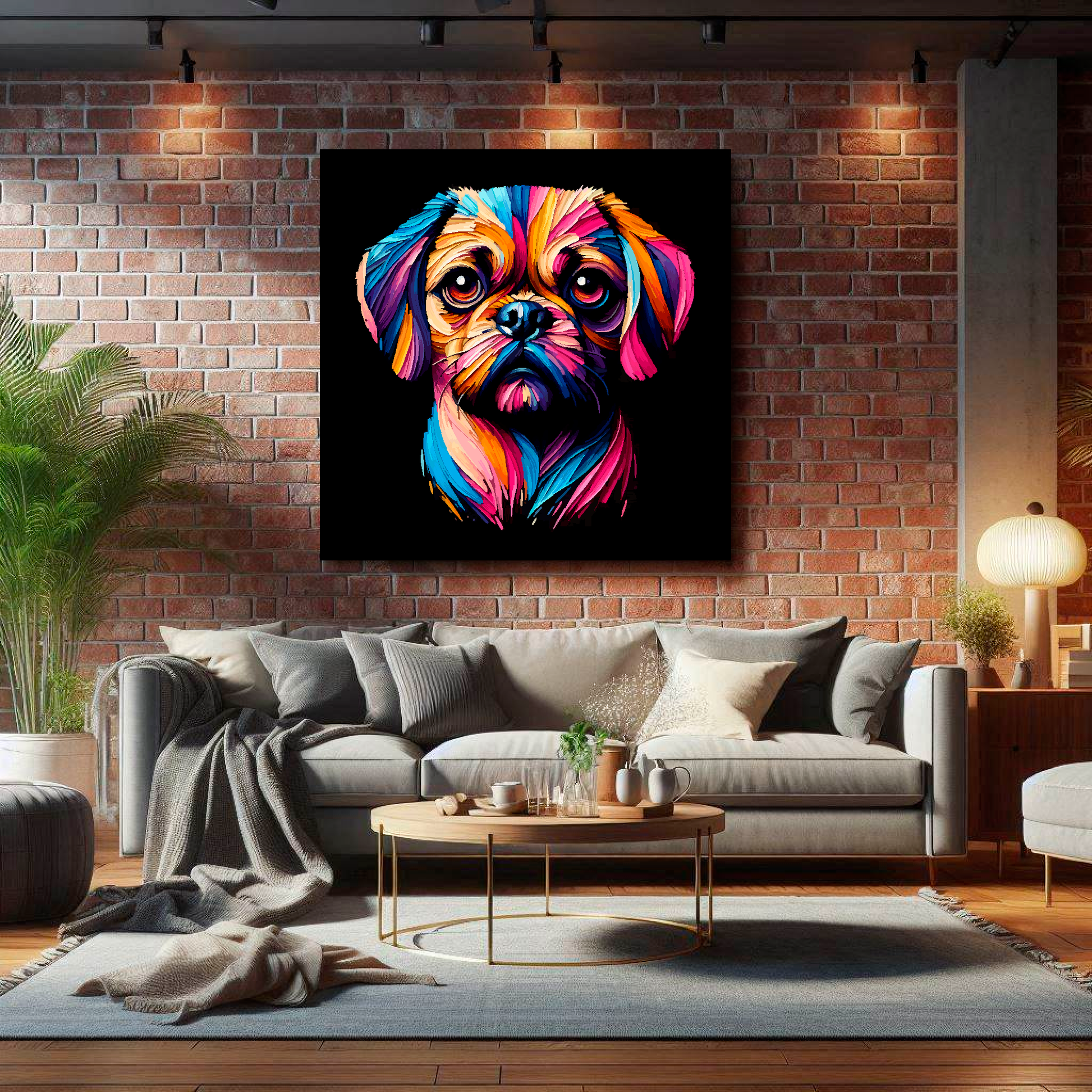 XL canvas print featuring a multi-coloured Puggle dog portrait. Mounted on a lounge brick wall above a grey sofa with decorative pillows.