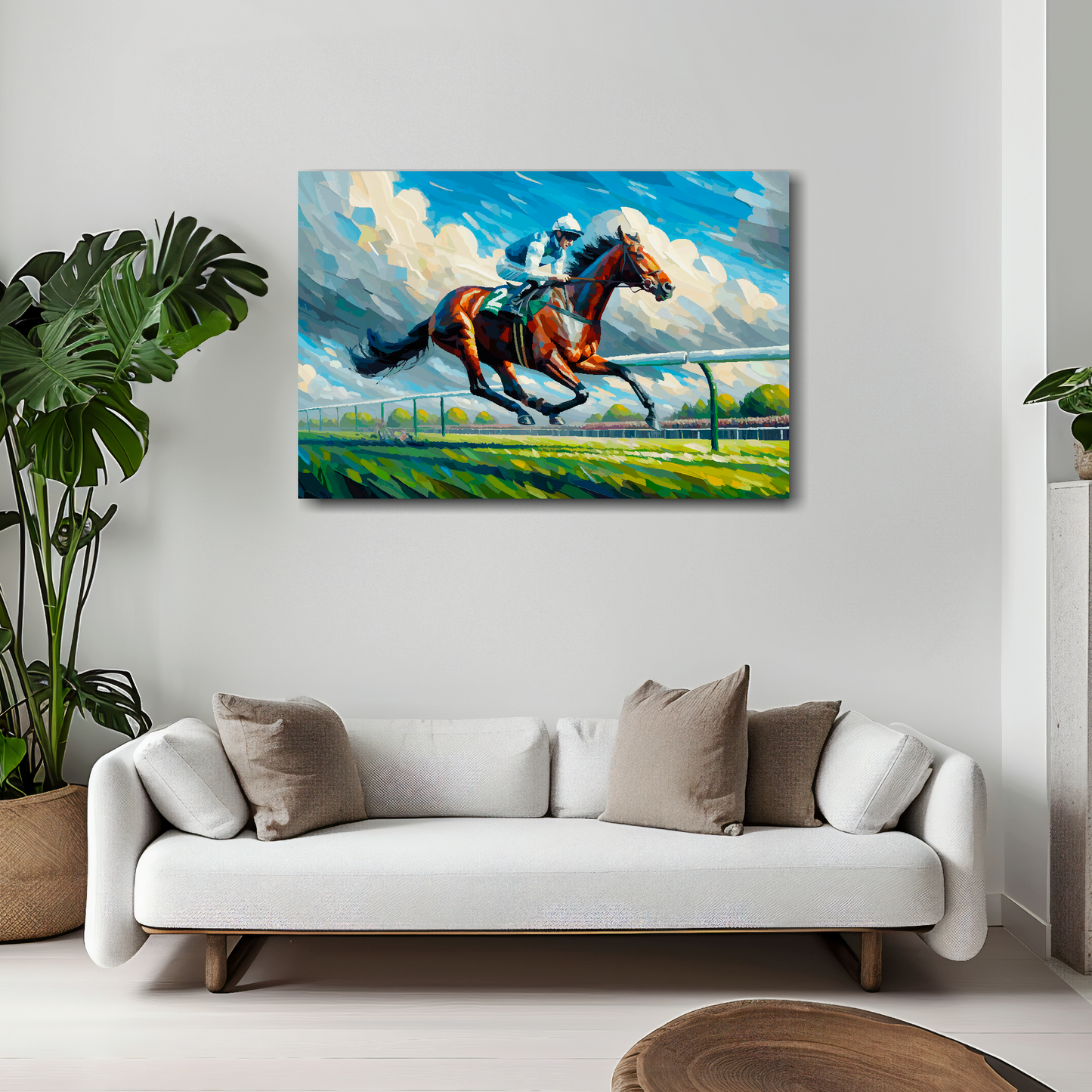 30 inch by 20 inch abstract canvas print of a Race Horse. Mounted on a white wall above a white sofa with decorative pillows.