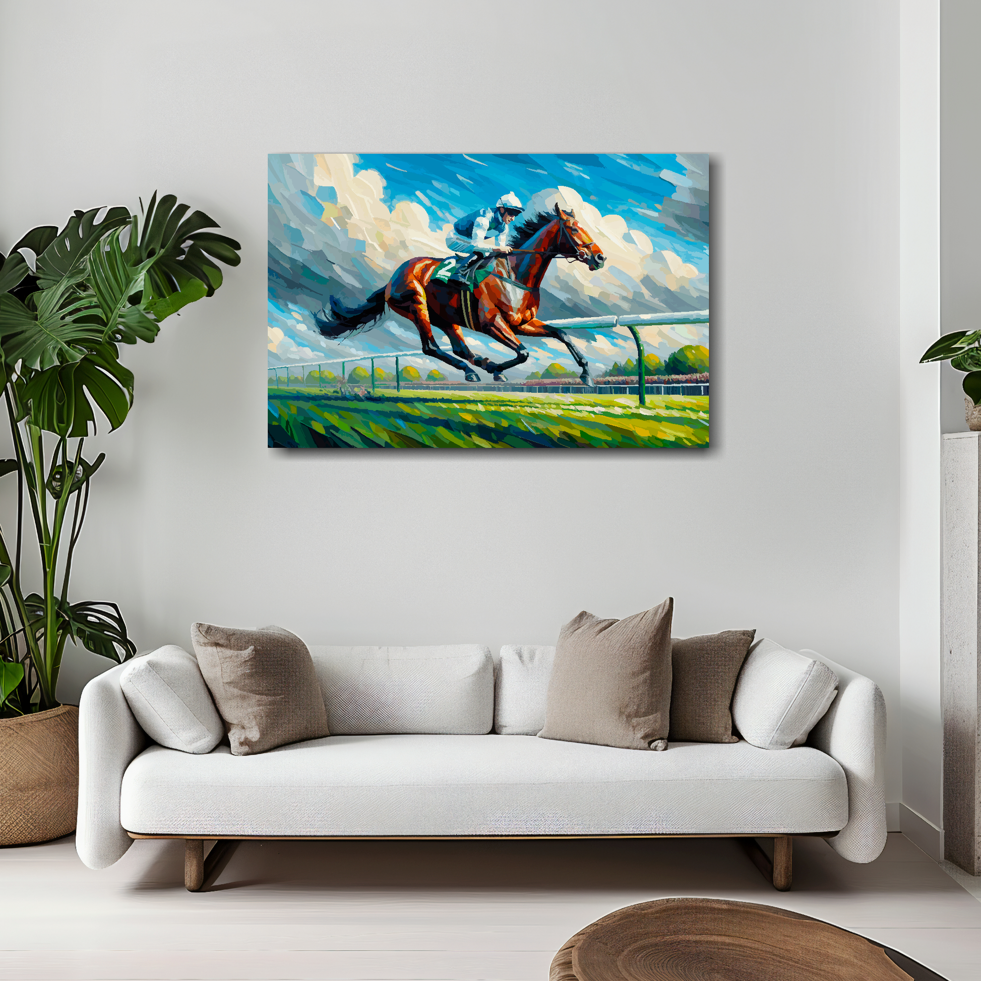 30 inch by 20 inch abstract canvas print of a Race Horse. Mounted on a white wall above a white sofa with decorative pillows.