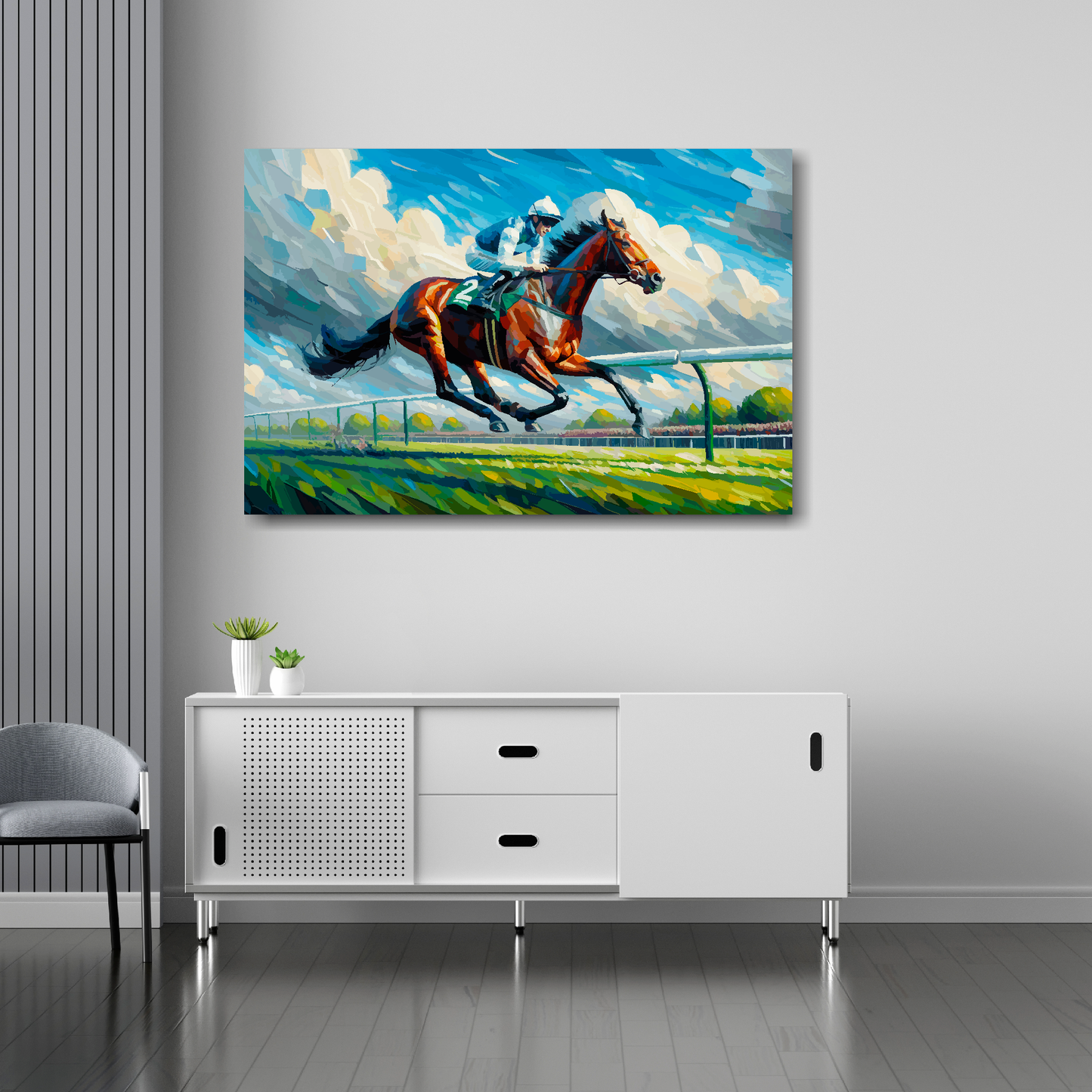 60 inch by 24 inch abstract canvas print of a Race Horse. Mounted on a white wall above a white sideboard.