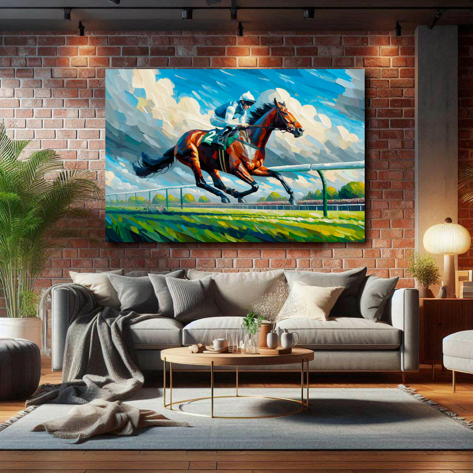 Large canvas wall art - A vibrant multi-coloured painting of a Race Horse galloping. Available in 3 large sizes.