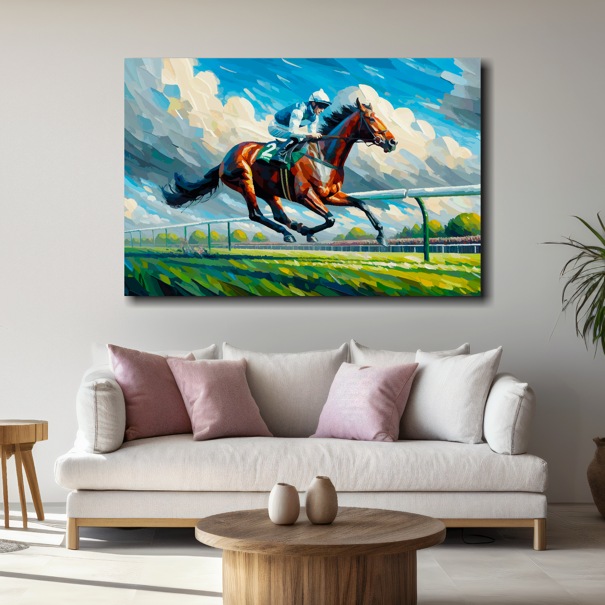 Large canvas wall art - A vibrant multi-coloured painting of a Race Horse galloping. Available in 3 large sizes.