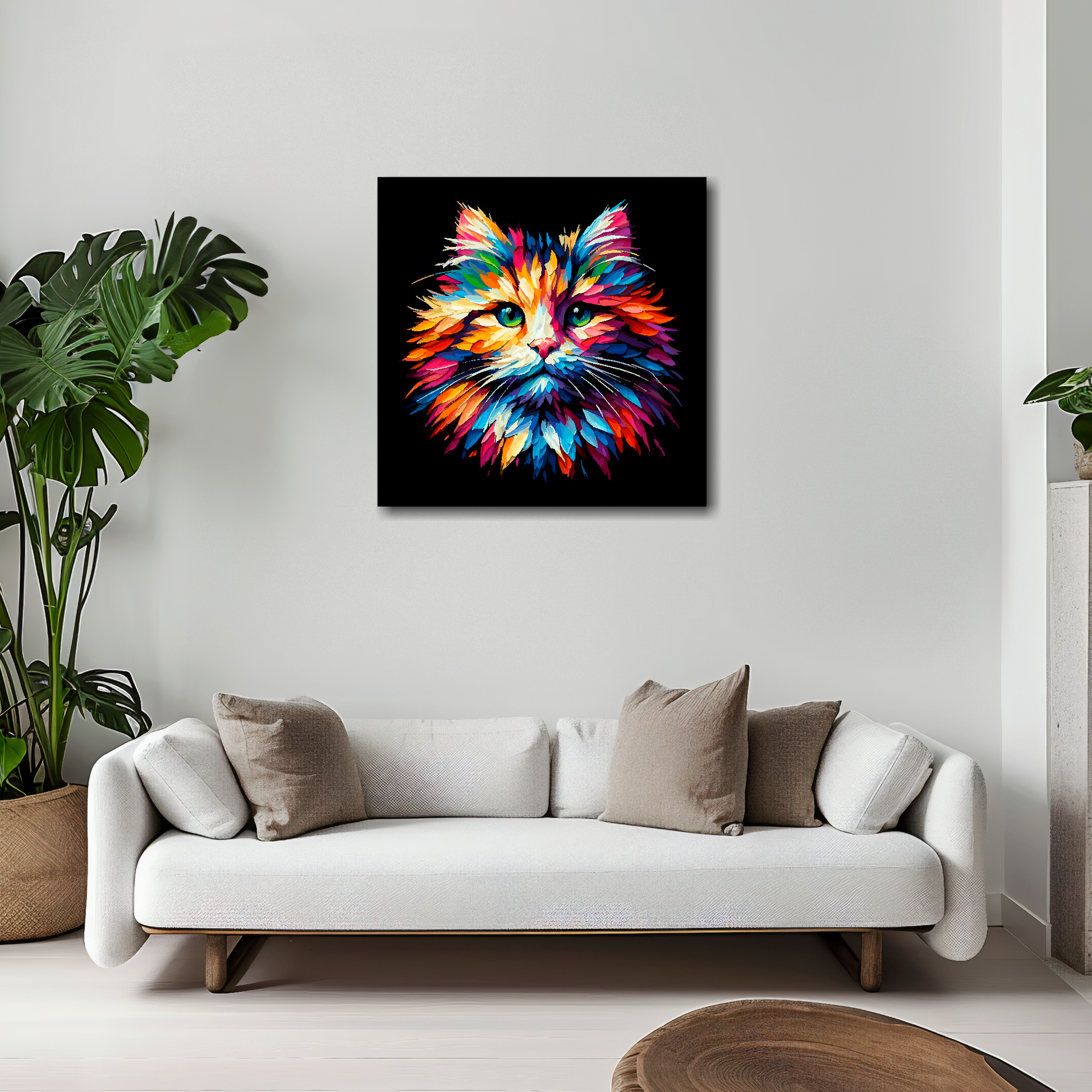 20 inch by 20 inch square canvas of a colourful Ragamuffin cat head portrait on a black background. Mounted on a white wall above a white sofa with decorative pillows.