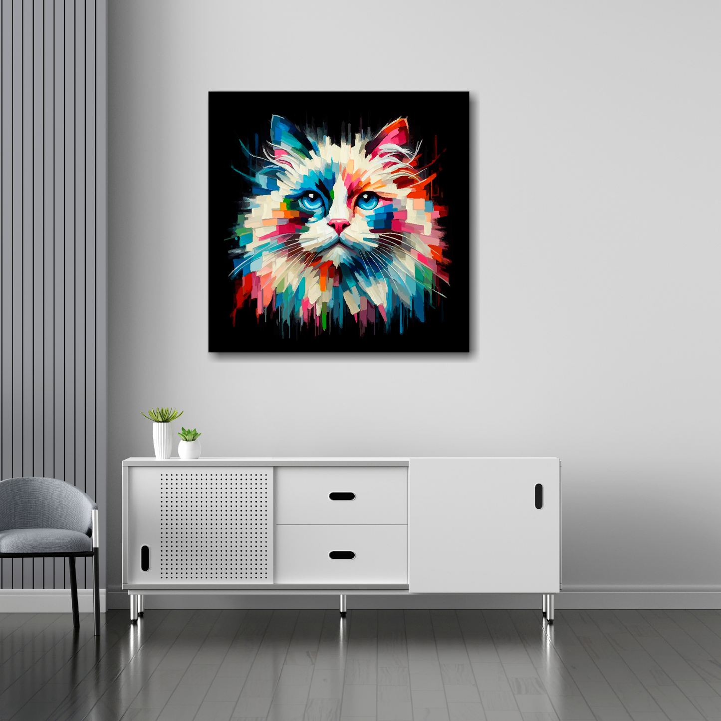 30 inch by 30 inch square canvas of a colourful Ragdoll cat head portrait on a black background. Mounted on a white wall above a white sideboard.