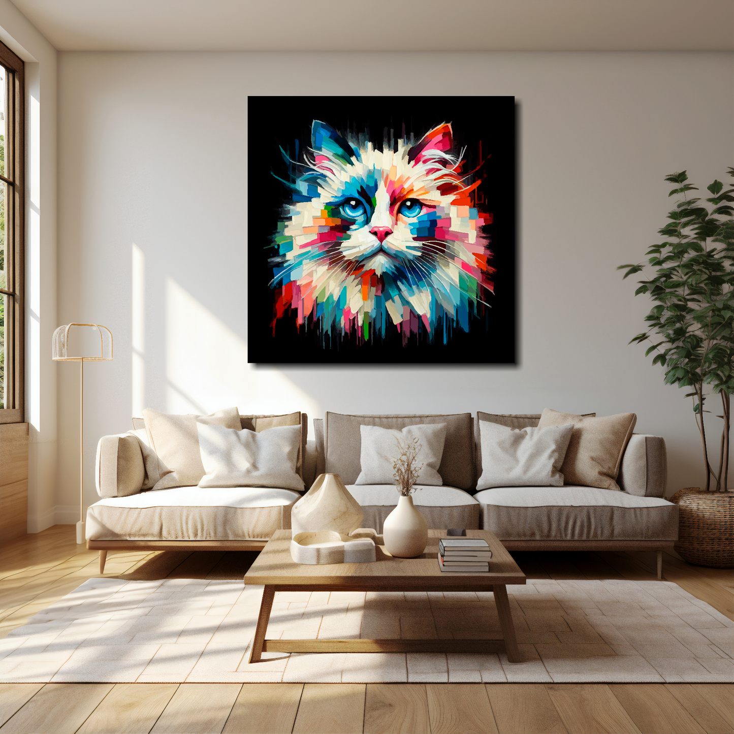 40 inch by 40 inch square canvas of a colourful Ragdoll cat head portrait on a black background. Mounted on a white wall above a cream sofa with decorative pillows.