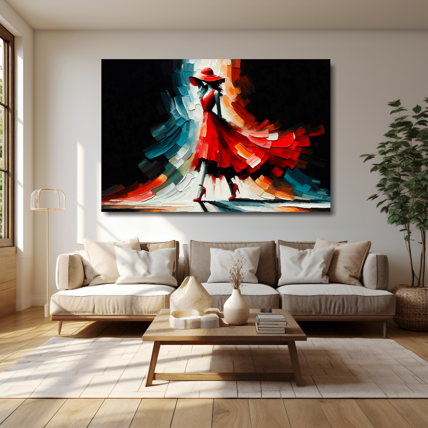 60 inch by 40 inch abstract canvas print of a woman in a red fashion dress. Mounted on a cream wall above a cream sofa with decorative pillows.