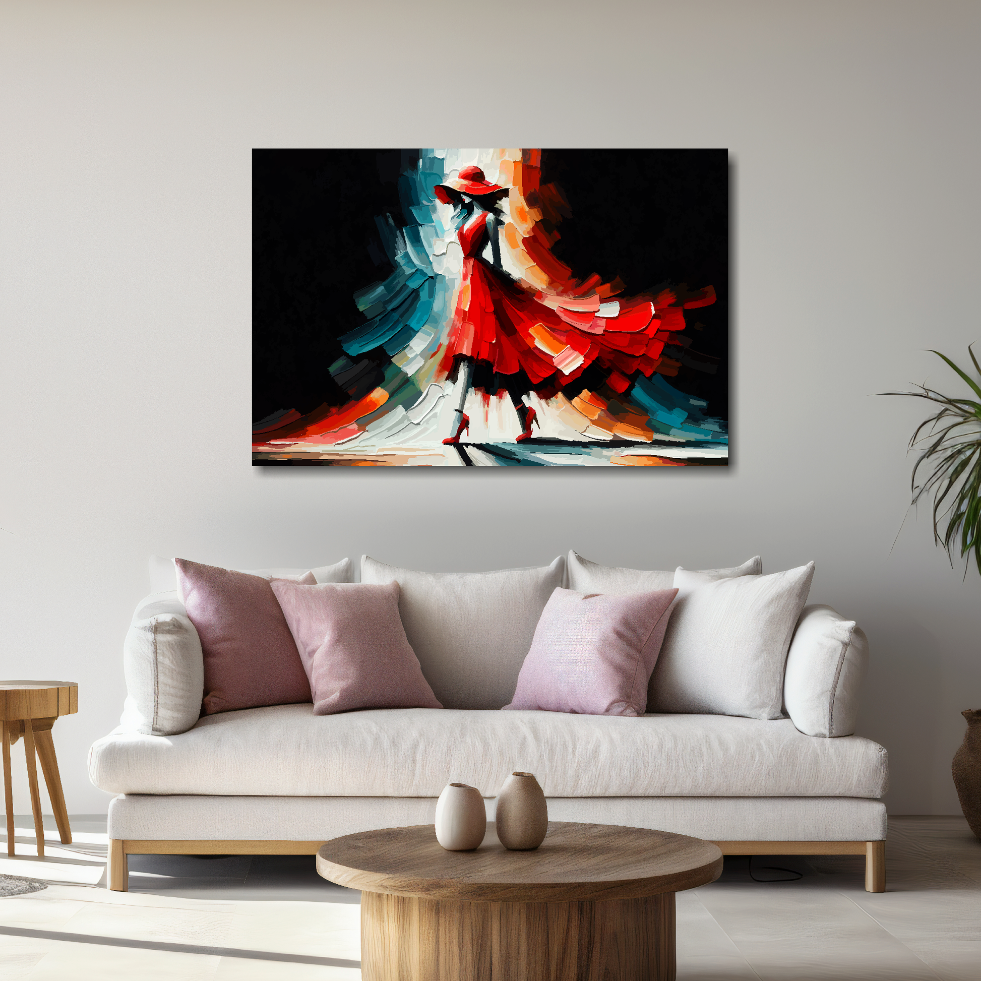 Abstract canvas print of a woman in a red fashion dress. Mounted on a white wall above a white sofa with decorative pillows.