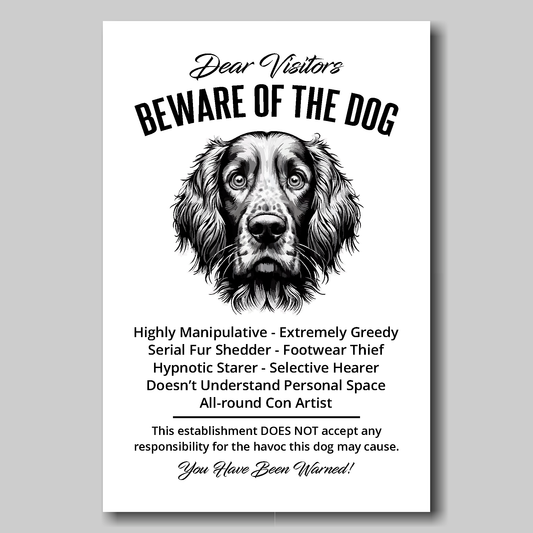 A funny Red Setter 'Beware of the Dog' disclaimer notice. Black text and dog image on a white background. Available in 4 Canvas sizes.