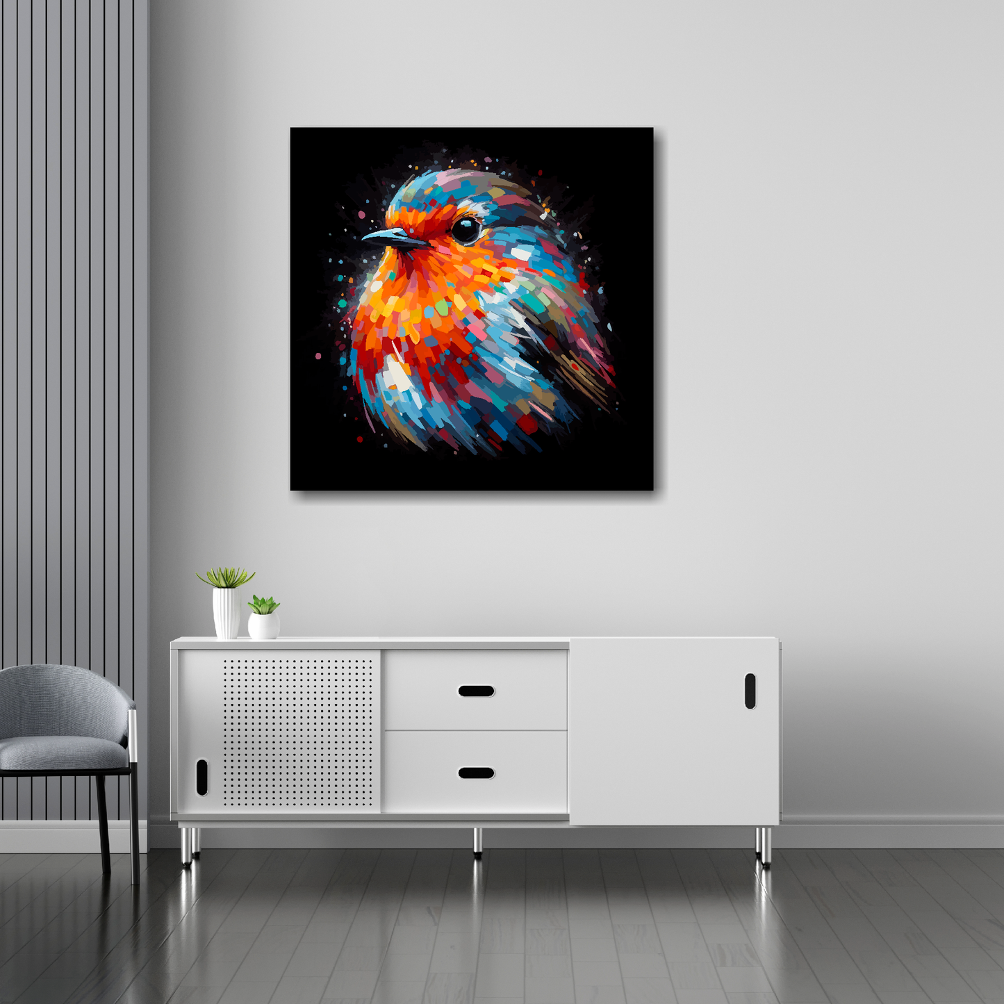 30 inch by 30 inch square canvas of a colourful Robin portrait on a black background. Mounted on a white wall above a white sideboard.