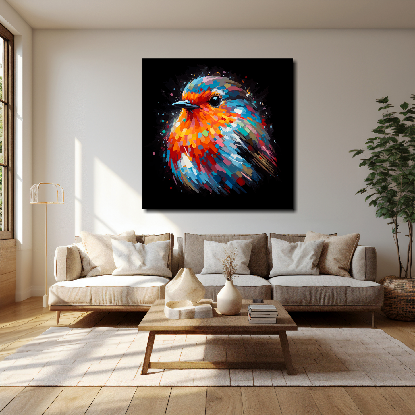 40 inch by 40 inch square canvas of a colourful Robin portrait on a black background. Mounted on a white wall above a cream sofa with decorative pillows.