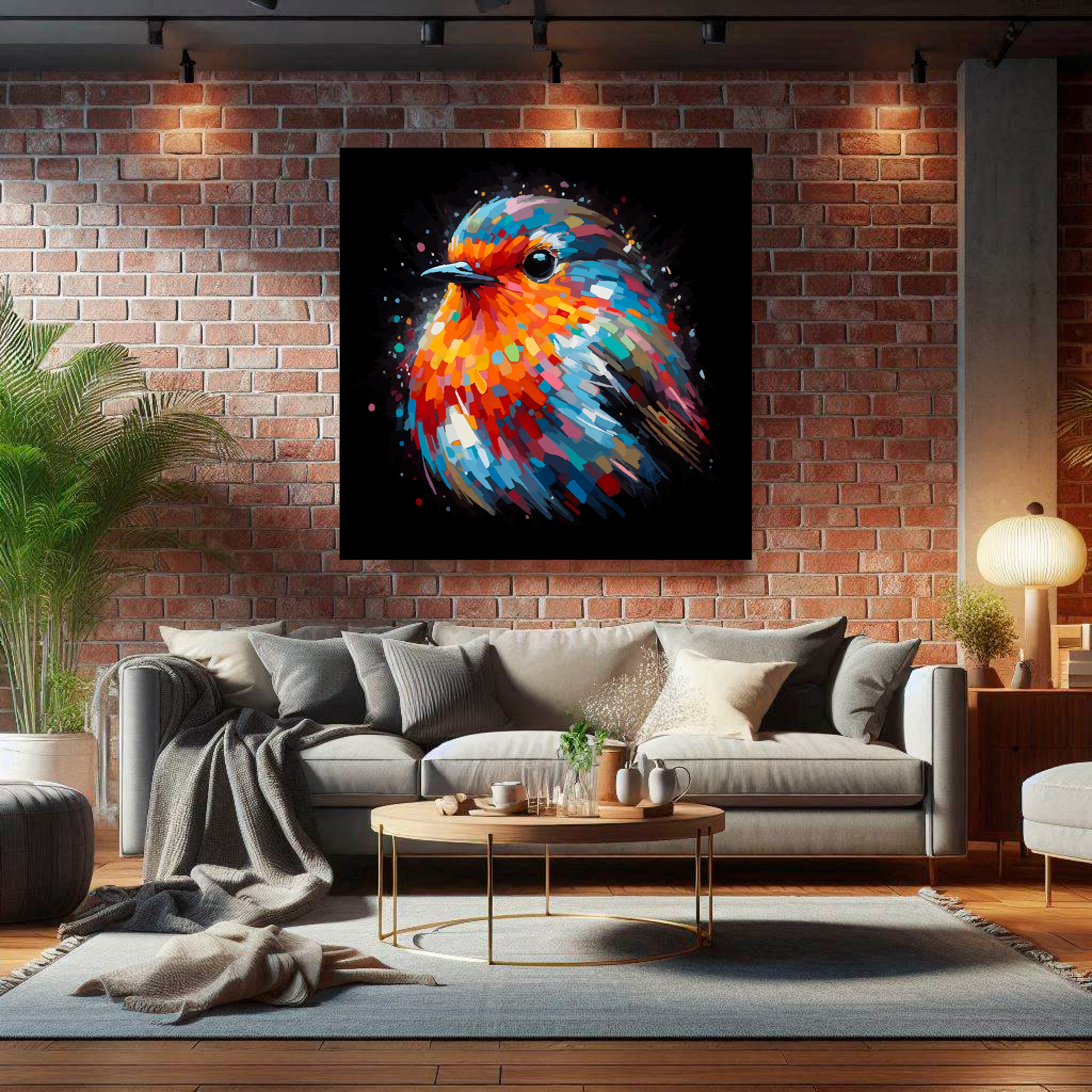 Large canvas wall art - A vibrant multi-coloured head portrait of a Robin. Available in 3 large sizes.