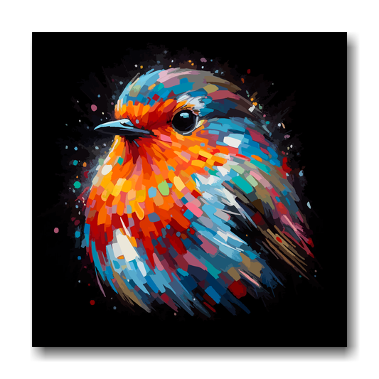 Large canvas wall art - A vibrant multi-coloured head portrait of a Robin. Available in 3 large sizes.
