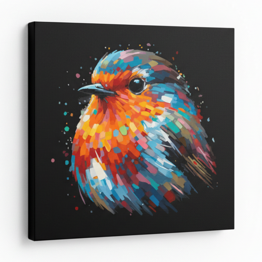 Colourful Robin bird portrait canvas print - UK made abstract wildlife wall art black background
