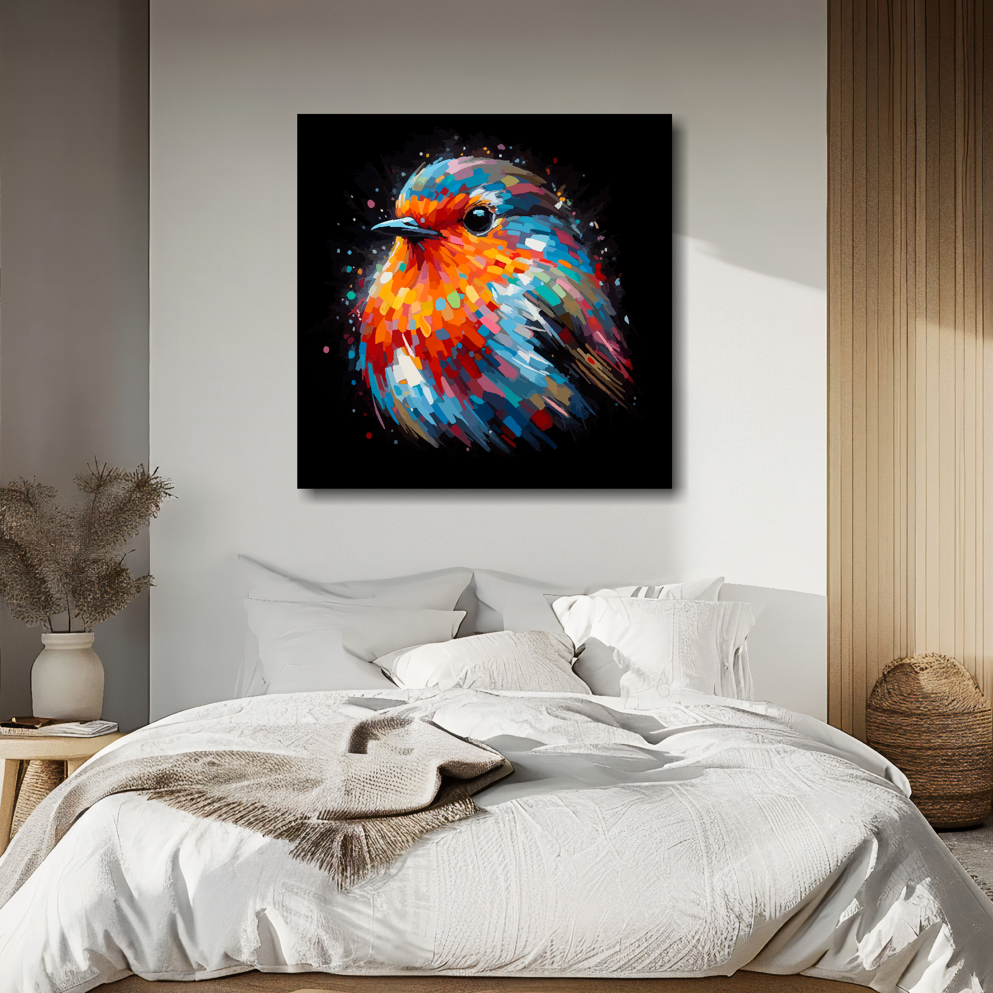 Large canvas wall art - A vibrant multi-coloured head portrait of a Robin. Available in 3 large sizes.