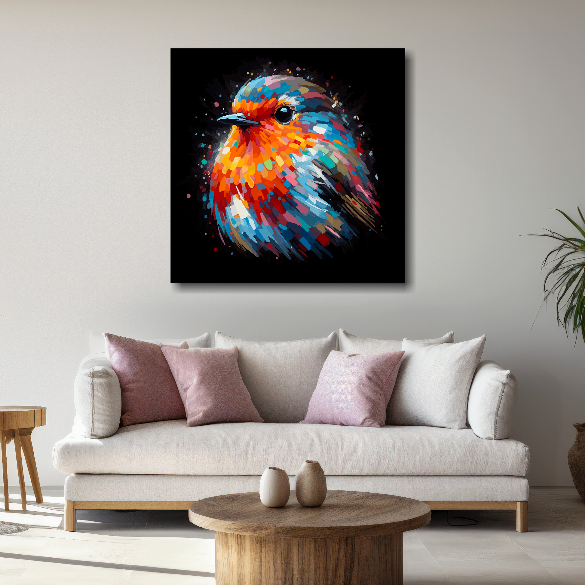 Large canvas wall art - A vibrant multi-coloured head portrait of a Robin. Available in 3 large sizes.