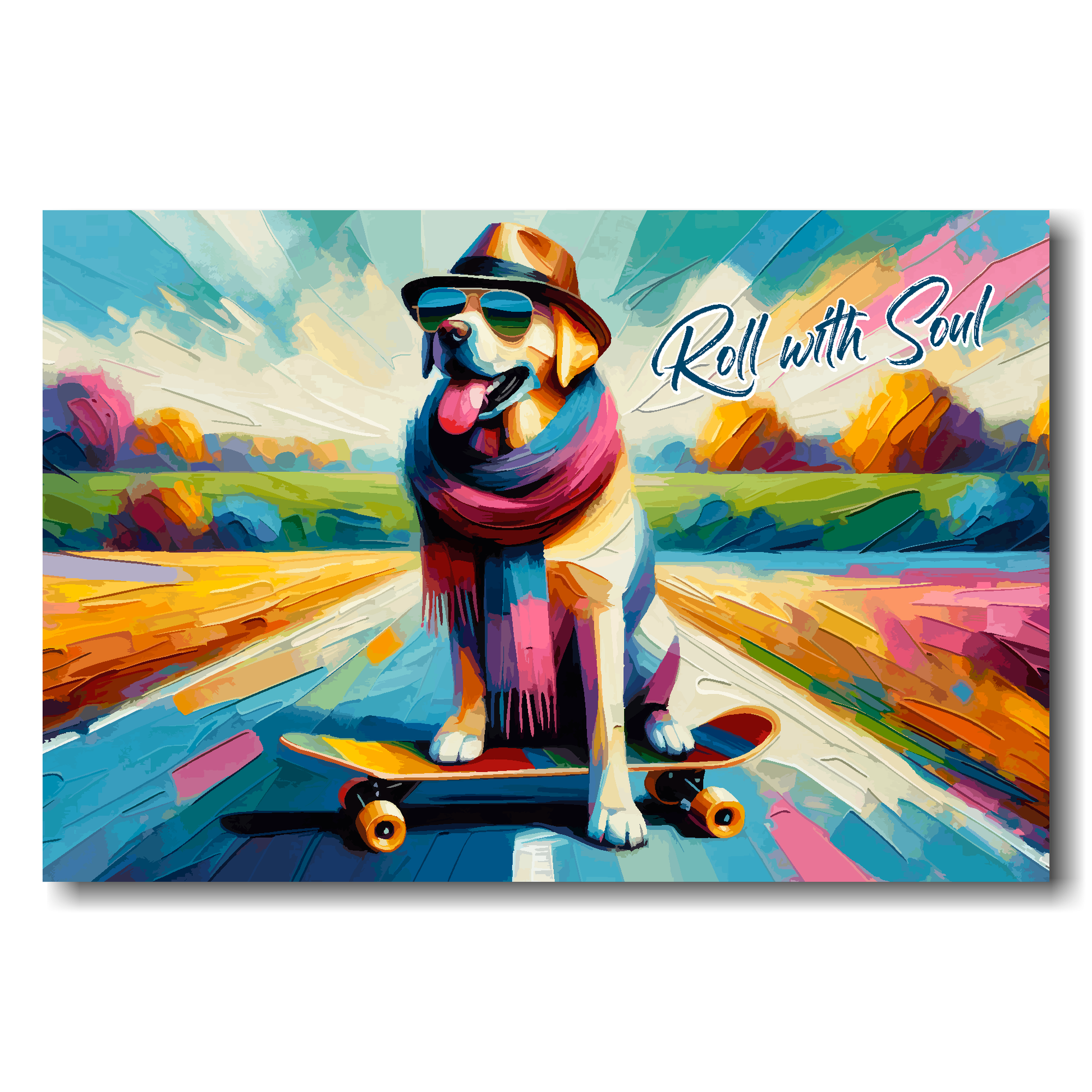 Colourful painting of a dog on a skateboard with 'Roll with Soul' text