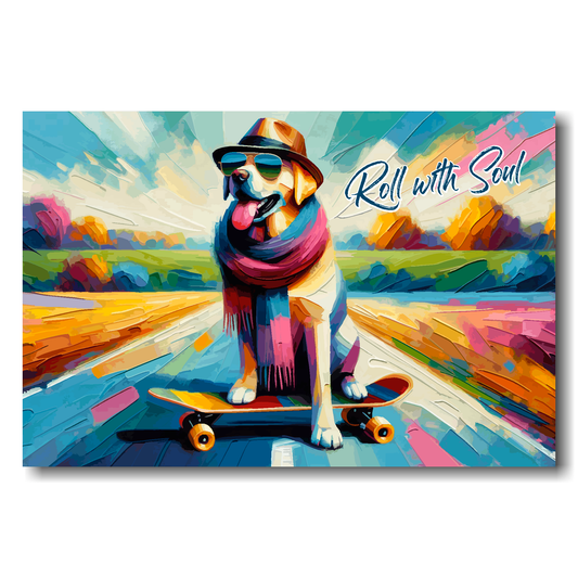 Colourful painting of a dog on a skateboard with 'Roll with Soul' text