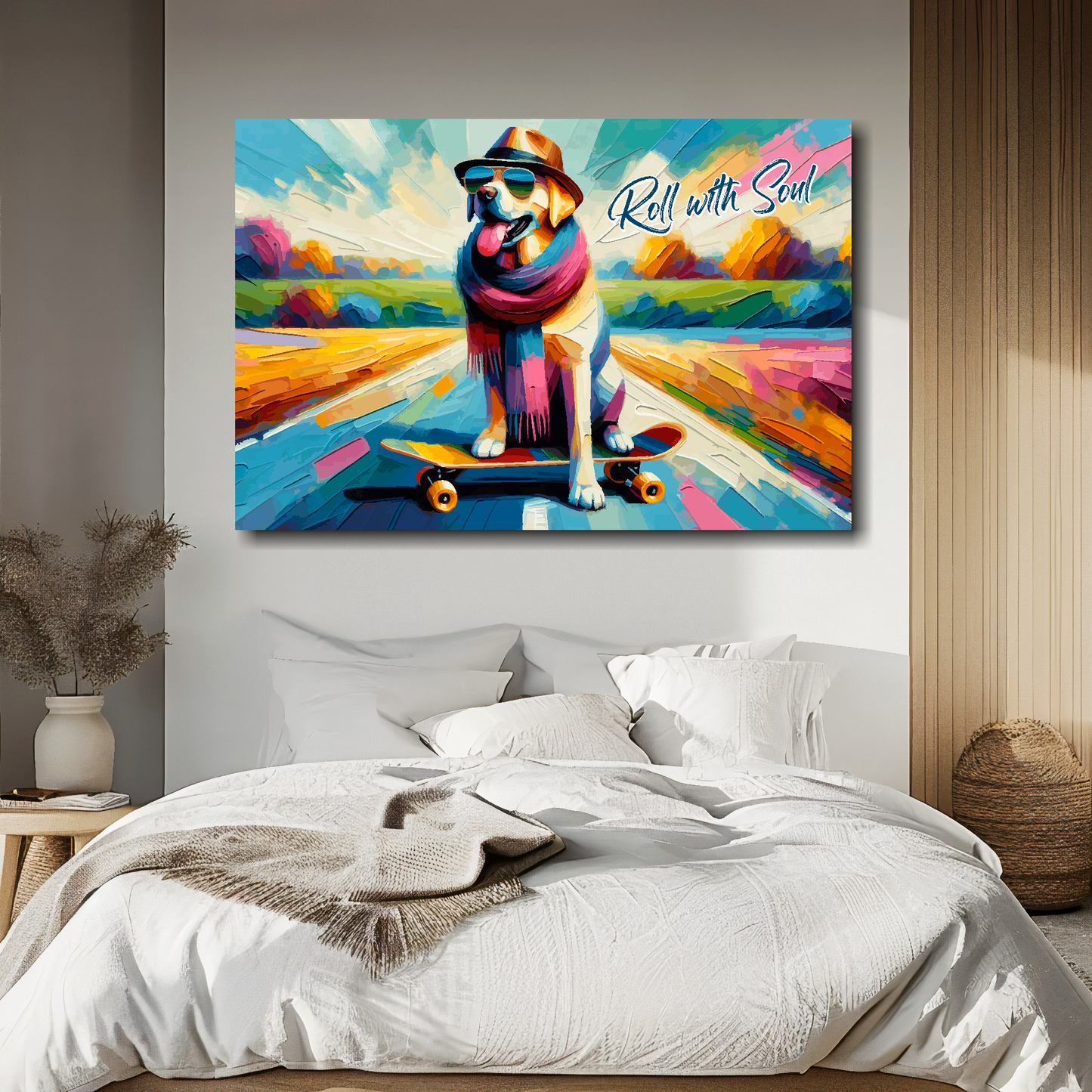 Colorful painting of a dog on a skateboard with 'Roll with Soul' text above a bed.