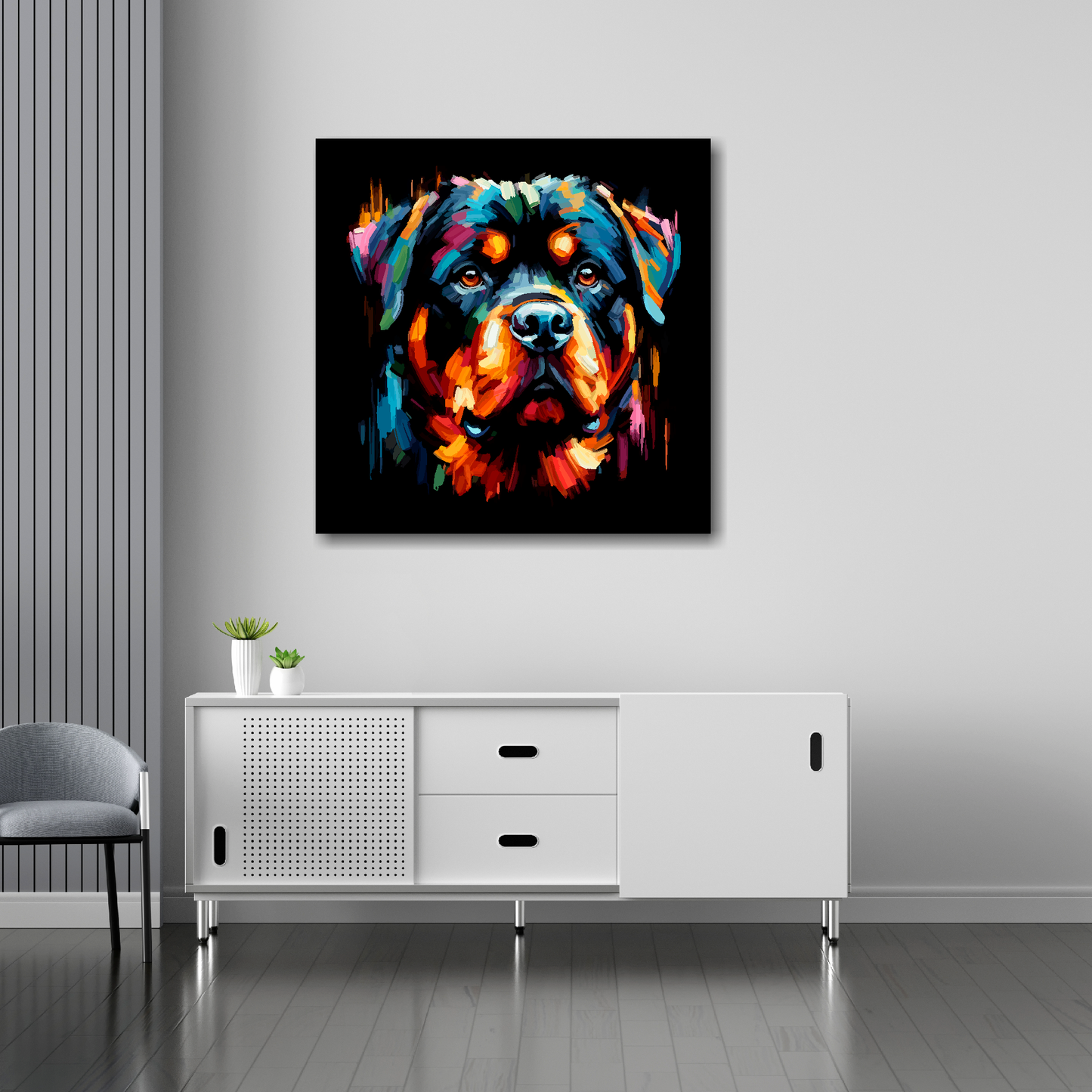 30 inch by 30 inch square canvas of a colourful Rottweiler head portrait on a black background. Mounted on a white wall above a white sideboard.