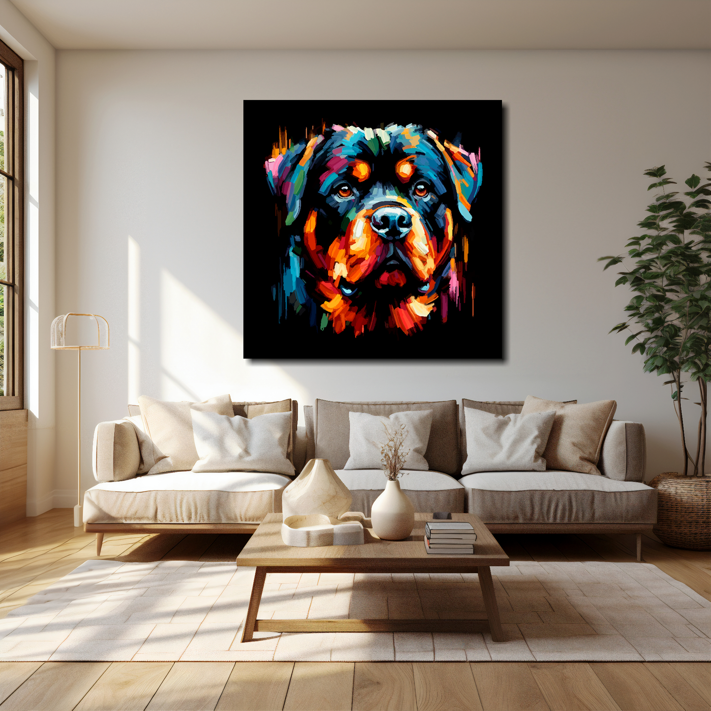 40 inch by 40 inch square canvas of a colourful Rottweiler head portrait on a black background. Mounted on a white wall above a cream sofa with decorative pillows.