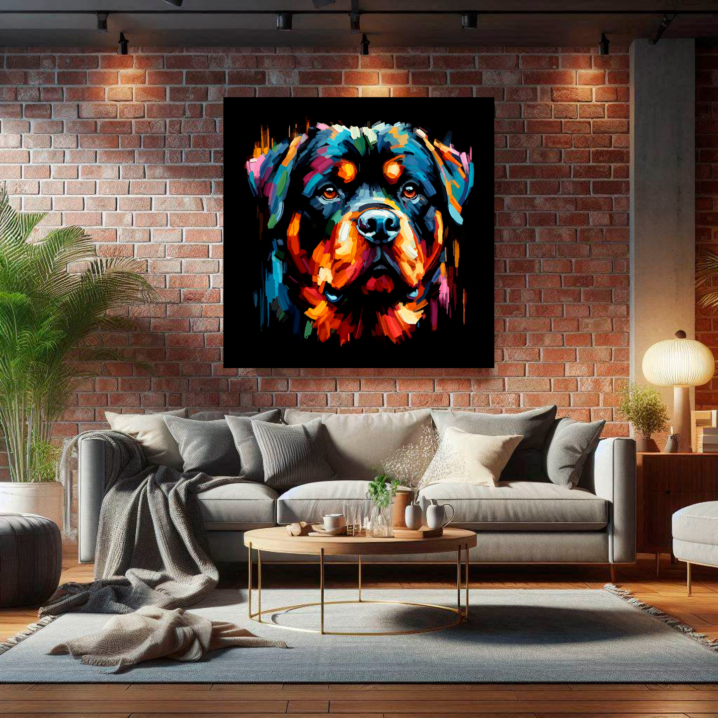 Large canvas wall art - A vibrant multi-coloured head portrait of a Rottweiler. Available in 3 large sizes.