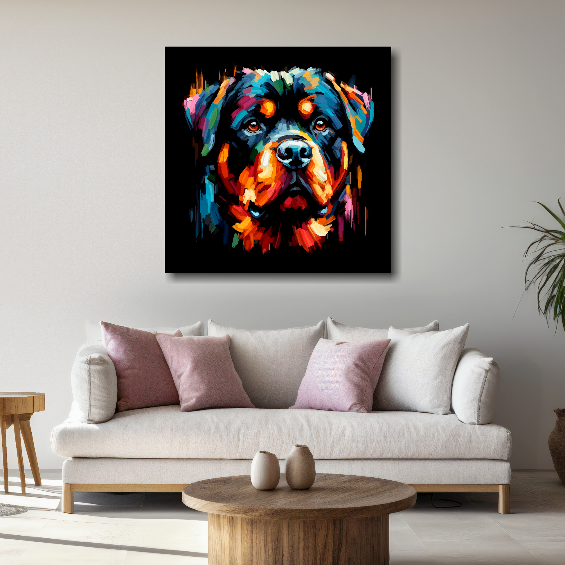 Large canvas wall art - A vibrant multi-coloured head portrait of a Rottweiler. Available in 3 large sizes.