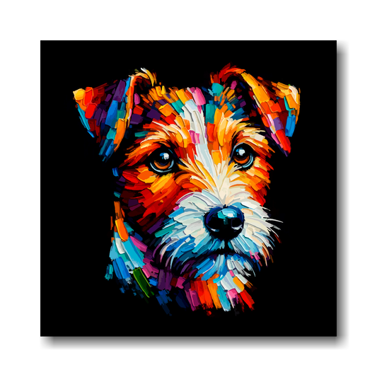 Colourful abstract painting of a Russell Terrier portrait on a black background.