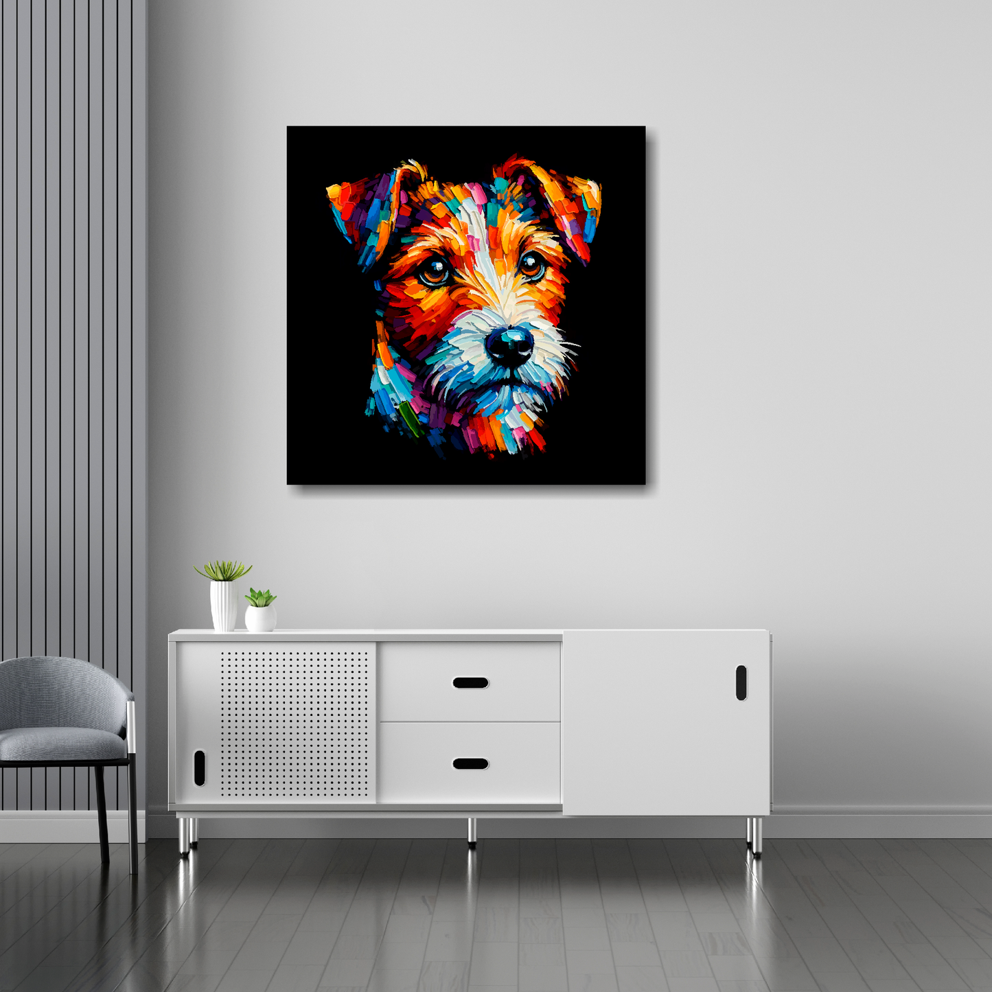 30 inch by 30 inch square canvas featuring a multi-coloured Russell Terrier dog portrait. Mounted on a white wall above a white sideboard.