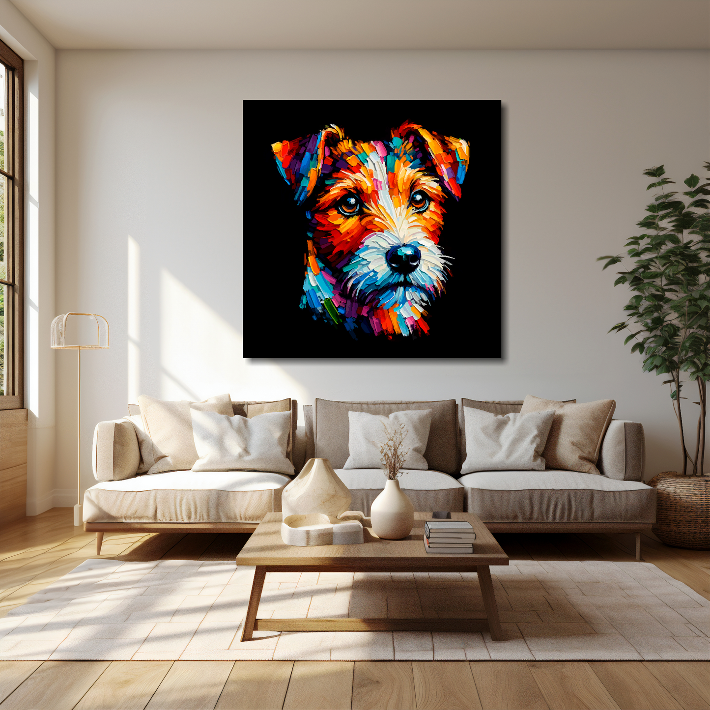 40 inch by 40 inch square canvas featuring a multi-coloured Russell Terrier dog portrait. Mounted on a cream wall above a cream sofa with decorative pillows.