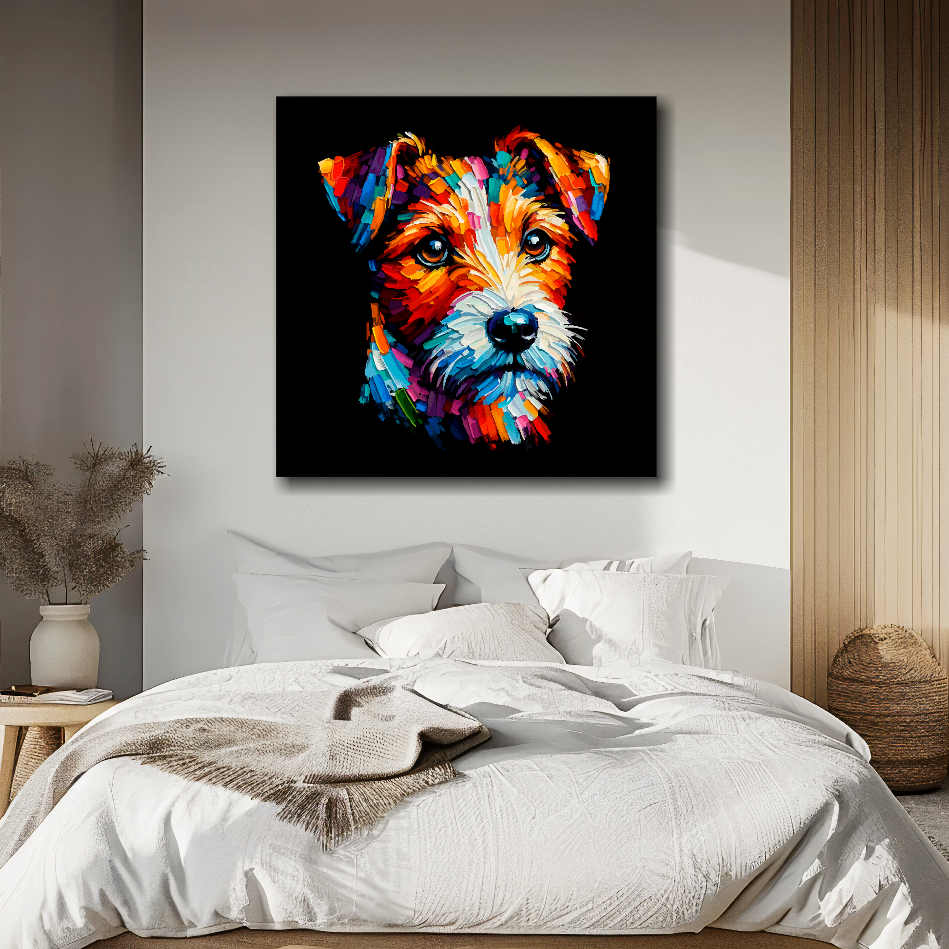 Square canvas featuring a multi-coloured Russell Terrier dog portrait. Mounted on a white wall above a double bed.
