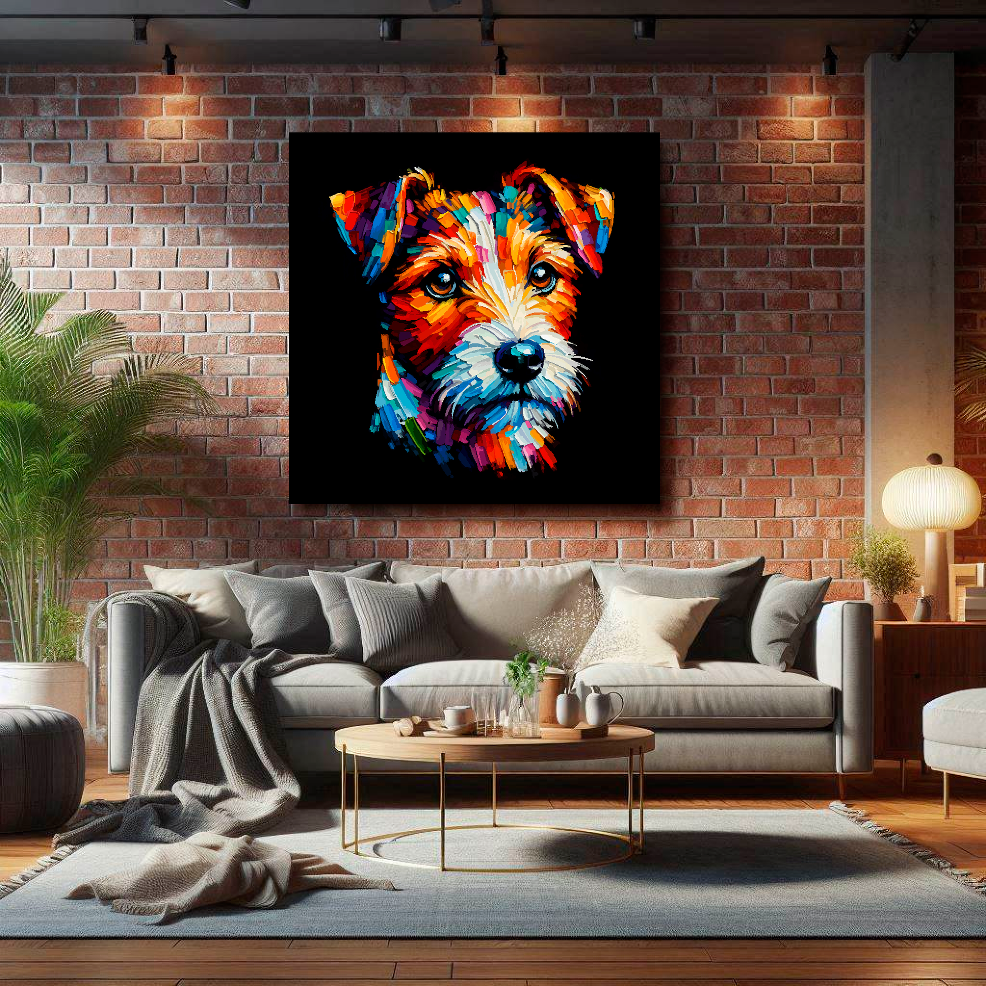 Square XL canvas featuring a multi-coloured Russell Terrier dog portrait. Mounted on a brick wall above a gray sofa with decorative pillows.