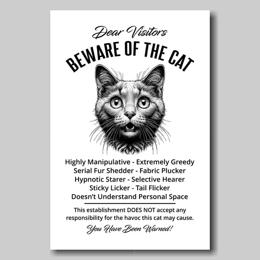 A funny Russian Blue 'Beware of the Cat' disclaimer notice. Black text and dog image on a white background. Available in 4 Canvas sizes. A great gift for cat owners.
