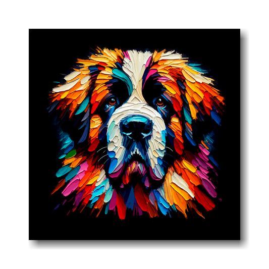 Coloirful abstract portrait of a Saint Bernard dog on a black background.